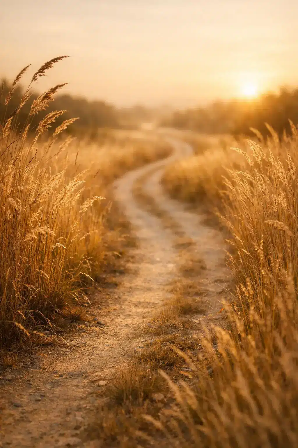 Chemin sinueux dans un champ doré au coucher du soleil – symbole du parcours d'accompagnement de fin de vie proposé par Stecy dans les Yvelines (78)