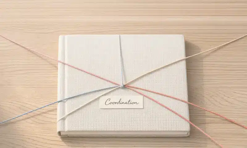 Carnet blanc avec étiquette "Coordination" tenu par plusieurs fils colorés convergents – coordination des intervenants médicaux et administratifs en fin de vie par Stecy, doula dans les Yvelines (78)