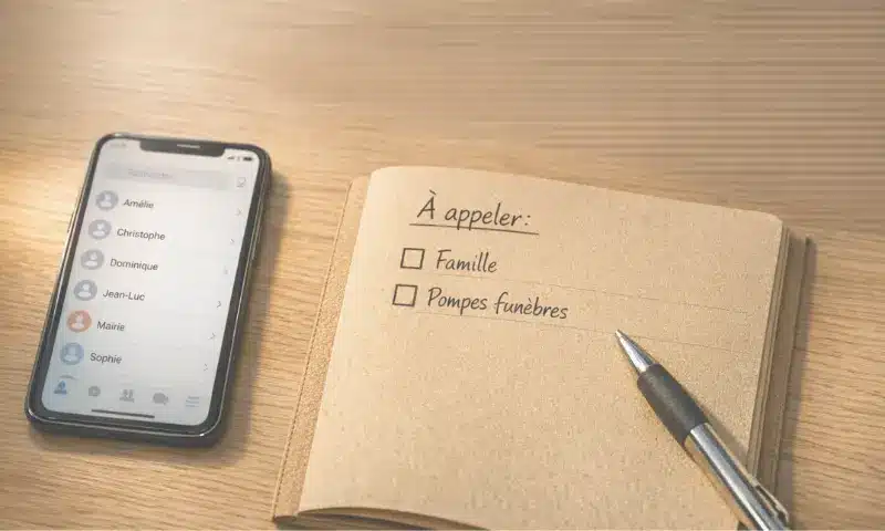Carnet de notes "À appeler : Famille, Pompes funèbres" et smartphone avec liste de contacts – coordination des obsèques après un décès dans les Yvelines