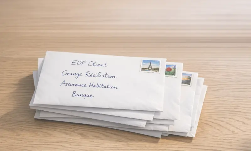 Pile d'enveloppes blanches adressées à EDF, Orange, Assurance Habitation et Banque – rédaction et envoi des courriers de résiliation après un décès dans les Yvelines
