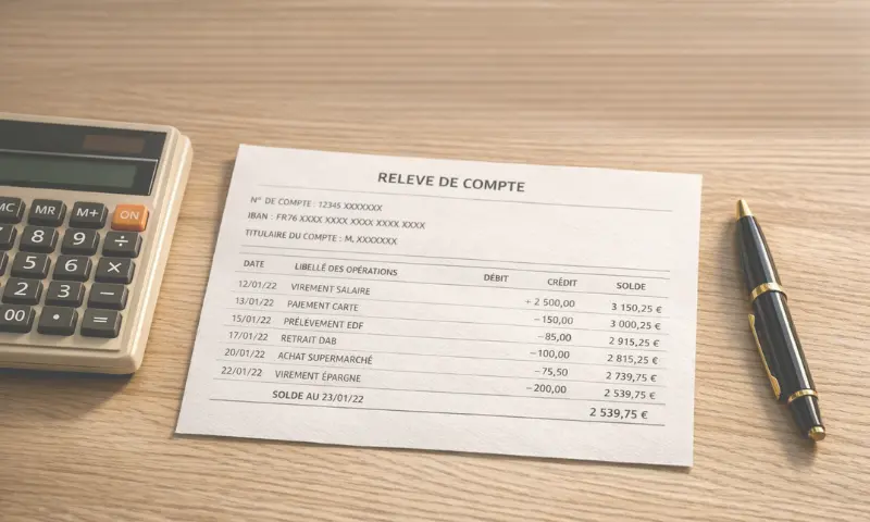 Relevé de compte bancaire, calculatrice et stylo sur bureau – accompagnement des démarches bancaires après un décès : blocage, clôture et transmission des comptes du défunt