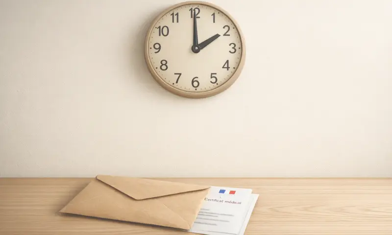 <br />
Horloge murale et enveloppe kraft avec certificat médical sur une table – démarches administratives à effectuer dans les 24 à 48h suivant un décès : constat médical, pompes funèbres et déclaration en mairie