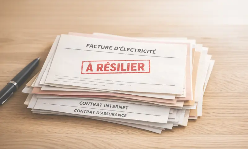 Pile de documents à résilier après un décès – facture d'électricité, contrat internet et contrat d'assurance tamponnés "à résilier" dans les 30 jours