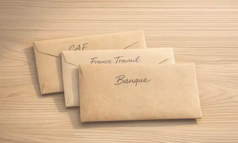 Trois enveloppes kraft CAF, France Travail et Banque – démarches administratives après un décès à effectuer dans les 6 jours : prévenir l'employeur, la CAF, France Travail et informer la banque