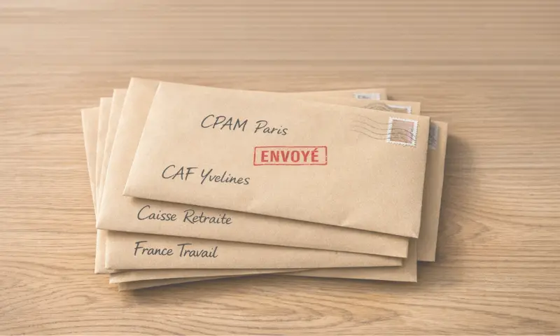 Enveloppes kraft adressées à la CPAM, CAF Yvelines, Caisse Retraite et France Travail tamponnées "envoyé" – organismes à prévenir après un décès
