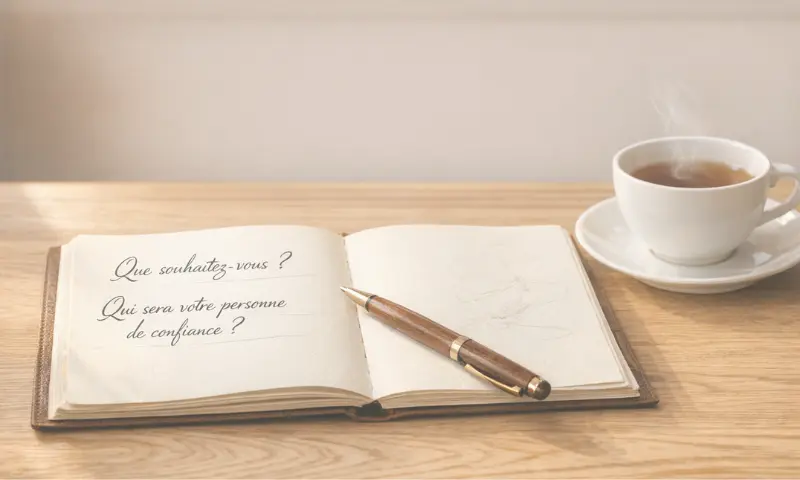 Carnet ouvert avec les questions "Que souhaitez-vous ?" et "Qui sera votre personne de confiance ?" – aide à la rédaction des directives anticipées par Stecy, doula de fin de vie dans les Yvelines (78)
