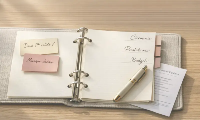 ALT<br />
Classeur ouvert avec post-its "Devis PF validé" et "Musique choisie", rubriques Cérémonie, Prestataires, Budget et document pompes funèbres – organisation des obsèques de son vivant accompagnée par Stecy, doula de fin de vie dans les Yvelines (78)