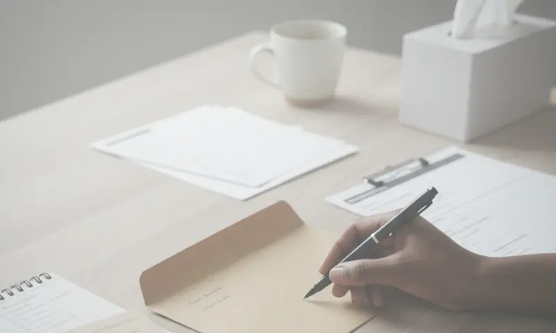 Mains écrivant sur une enveloppe kraft avec documents et clipboard – aide à la gestion du courrier et des démarches administratives en fin de vie dans les Yvelines (78)