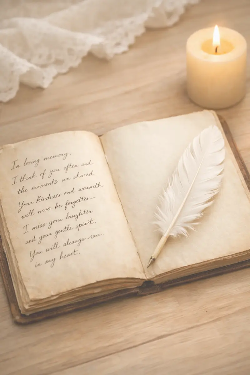 Journal ouvert avec texte manuscrit et plume blanche posée, accompagné d'une bougie, symbolisant un rituel d'écriture mémorielle et d'expression du deuil